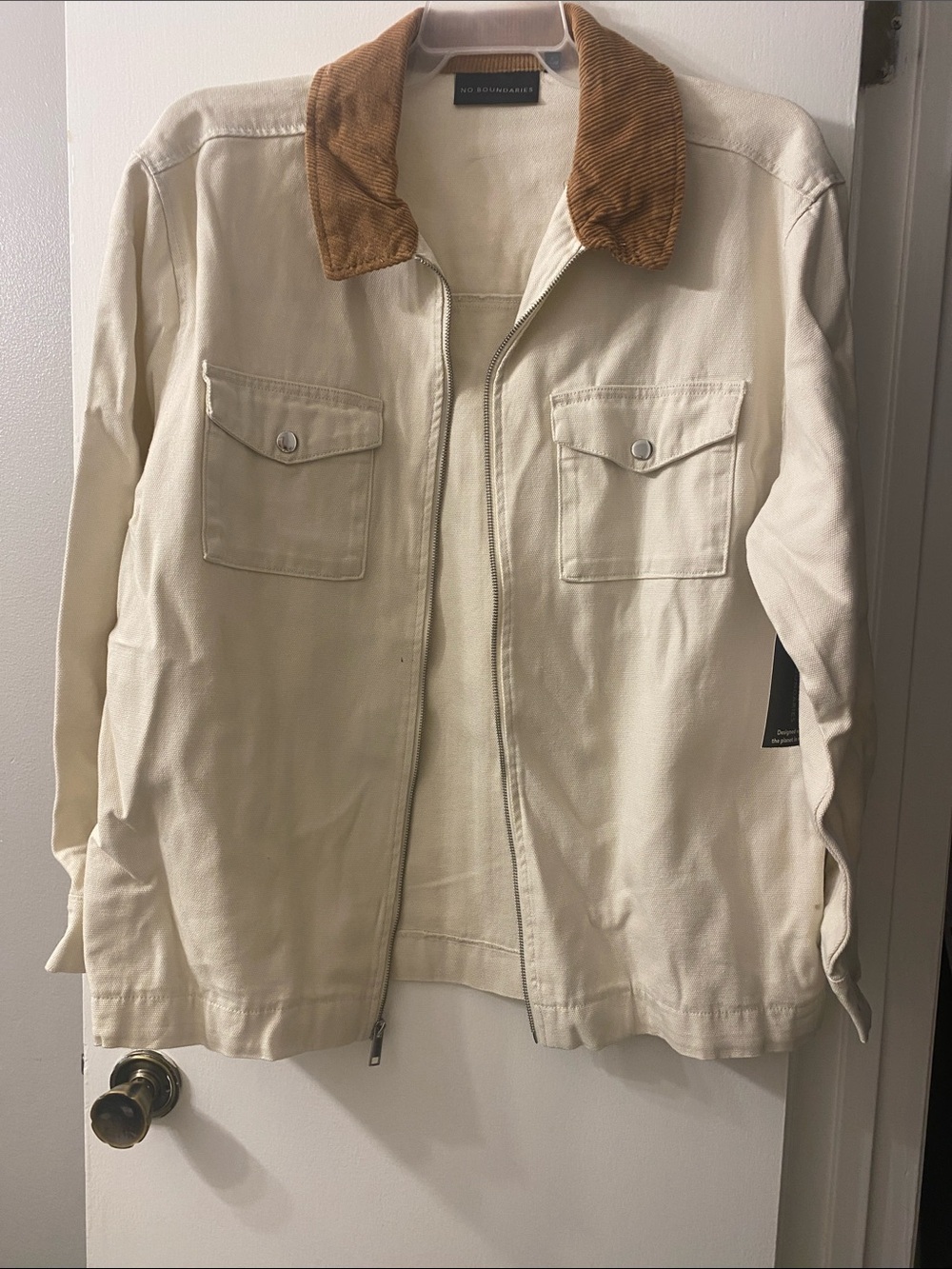 No Boundaries Cream Zip-Front Canvas Jacket with Brown Corduroy Collar